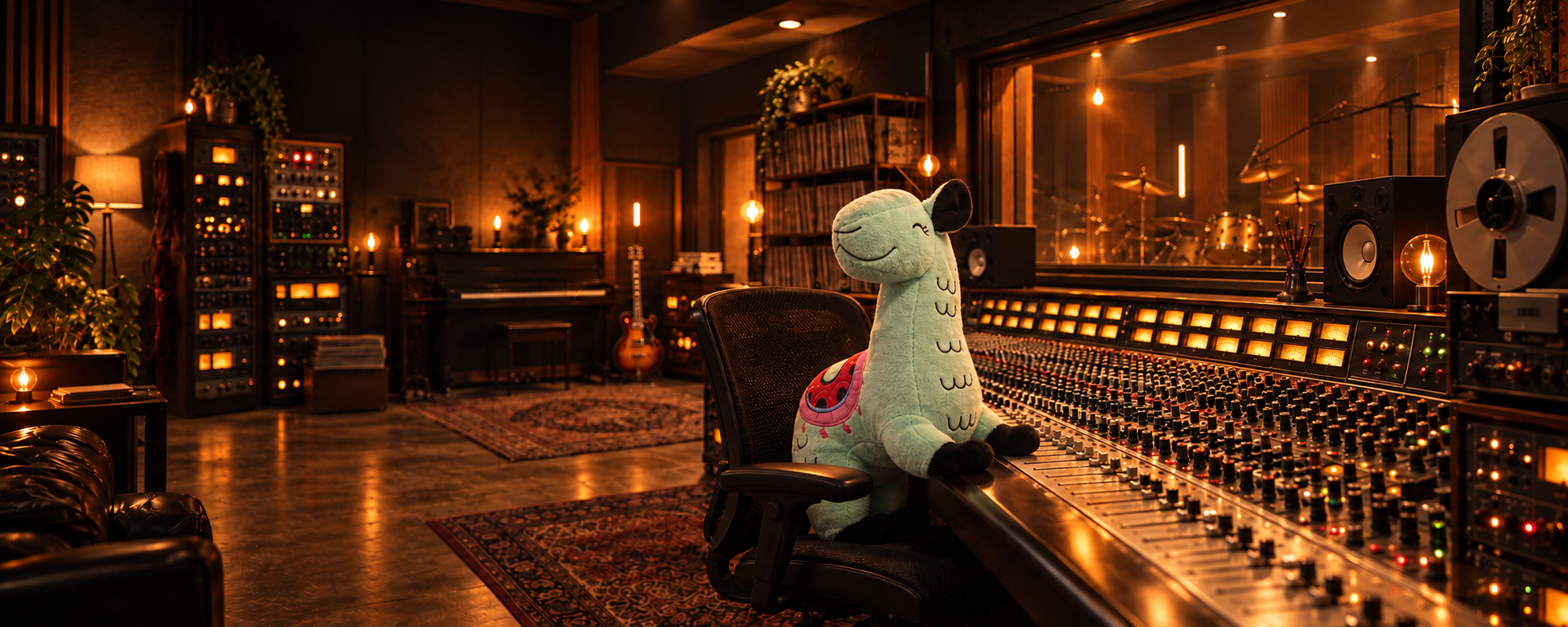 Doris in the Studio H control room with analogue mixing console and illuminated rack gear